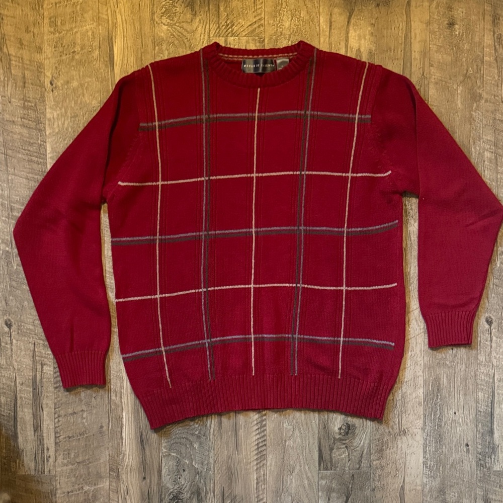 Oscar de la Renta - Men’s 100% Cotton Red Checkered Crewneck Sweater - Size L